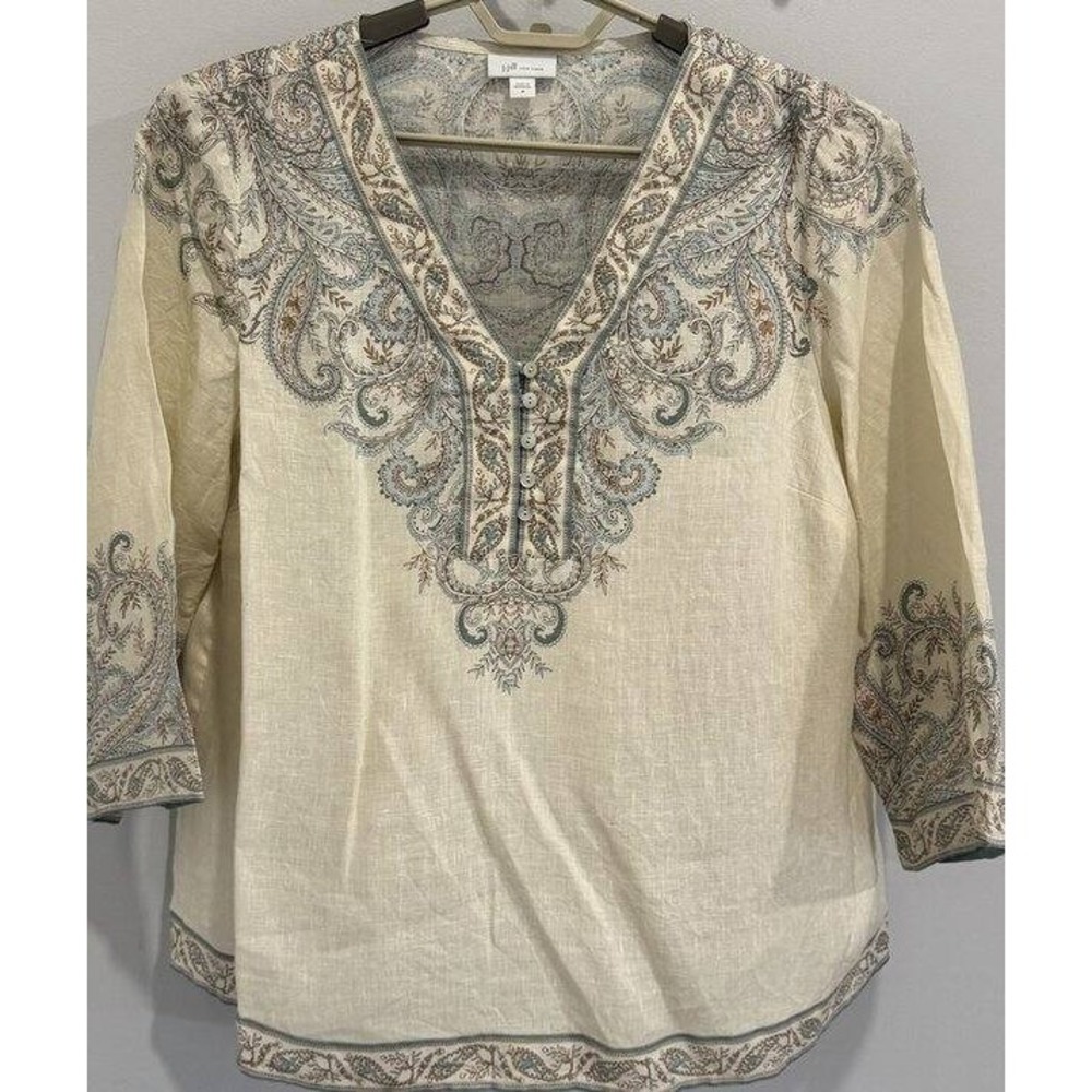 J Jill Love Linen Ivory Aqua Tan Print Button Tunic Wide 3/4 Sleeve Size M